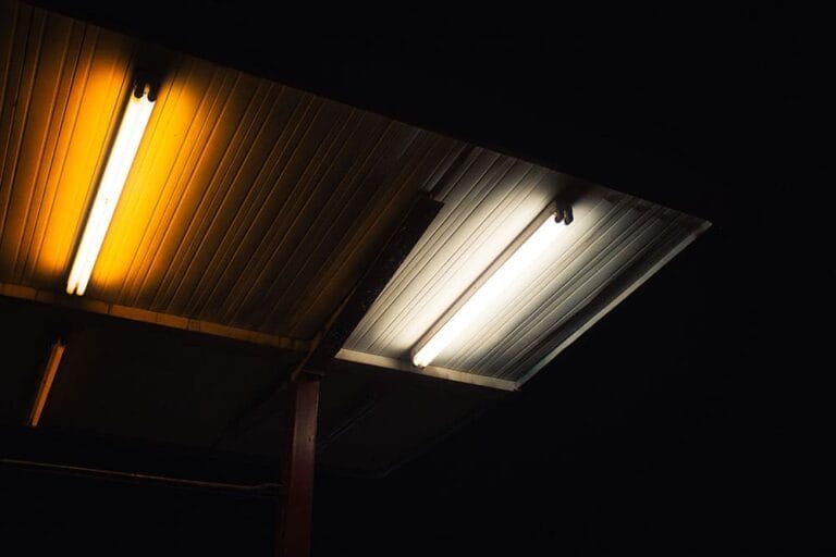 Outdoor fluorescent lights - 1 warm yellow and the other bright white