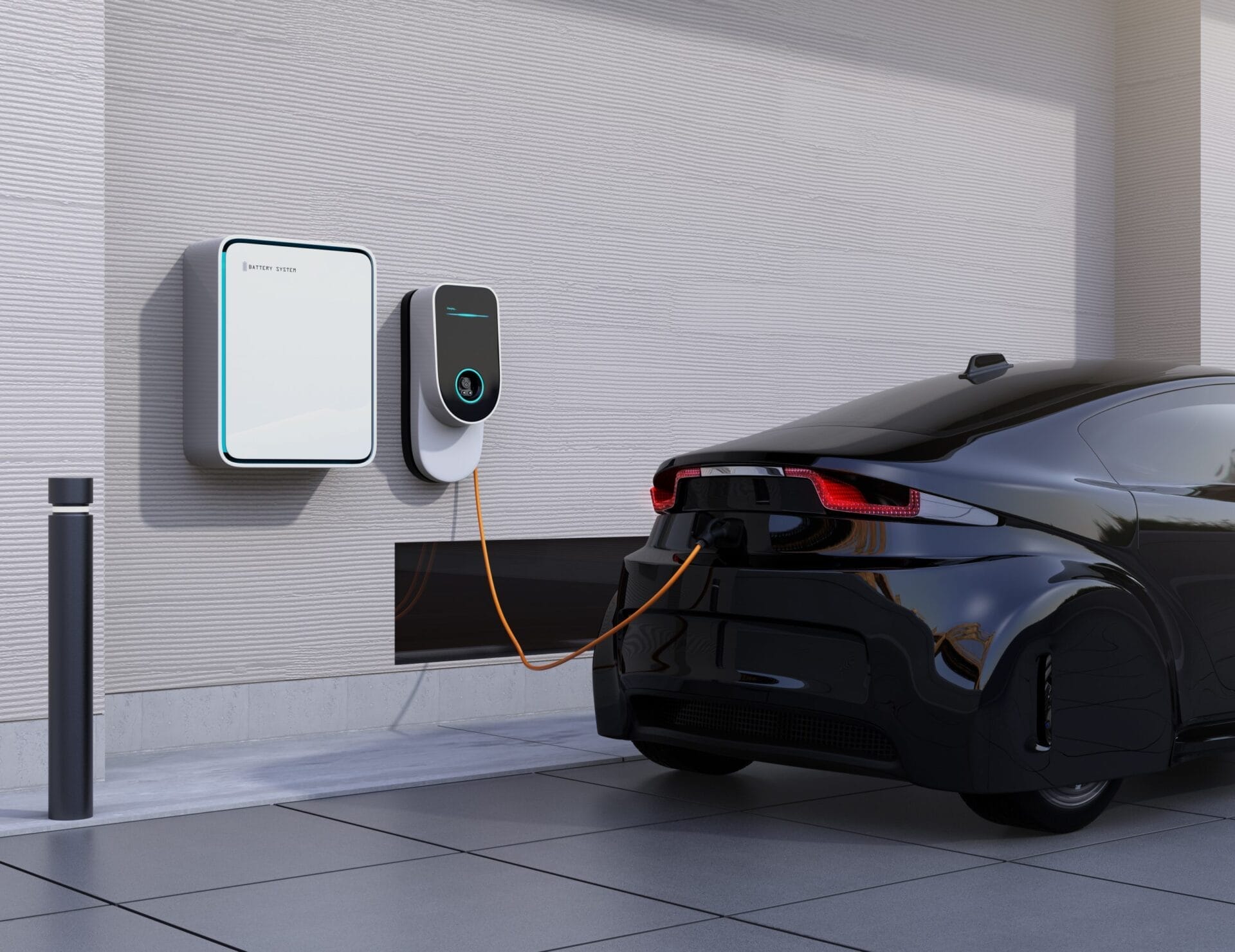 A black EV sports car connected to an EV charging station.