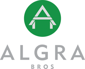 Logo for Algra Bros with a stylized "A" in a green circle above the company name in grey text, embodying the essence of Premium Electric.