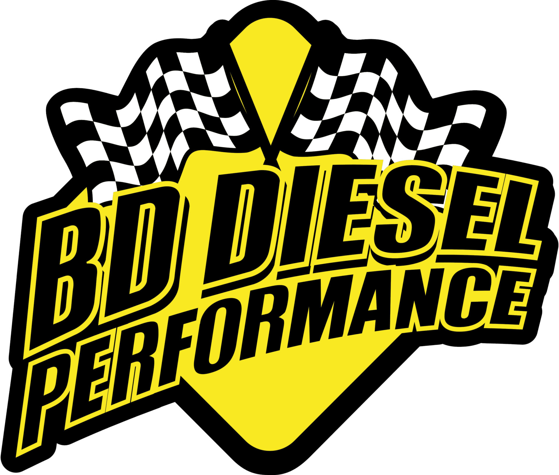 BD Diesel Performance logo featuring premium yellow text and two checkered flags.