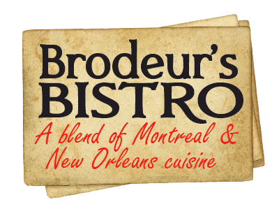 Logo of Brodeur's Bistro with the text "Brodeur's Bistro: A blend of Montreal & New Orleans cuisine" on a parchment-colored background, giving it a premium electric touch.