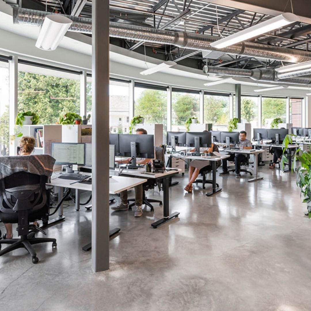 Open office space with multiple desks, computers, and chairs; several people working at their stations. Large windows bring in natural light and greenery is placed throughout the premium office equipped with state-of-the-art electric features.