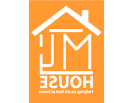 Logo of an organization with an orange background featuring a house outline, the text "MJ HOUSE," and "Helping youth feel at home." The design exudes a premium electric vibe, combining warmth and modernity effortlessly.