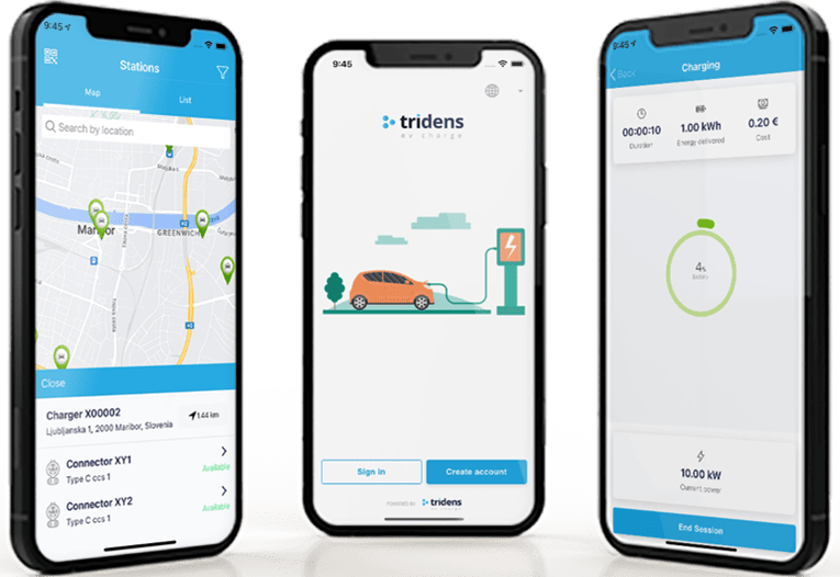 Three smartphones display an electric vehicle charging app with map, sign-in, and charging session screens.