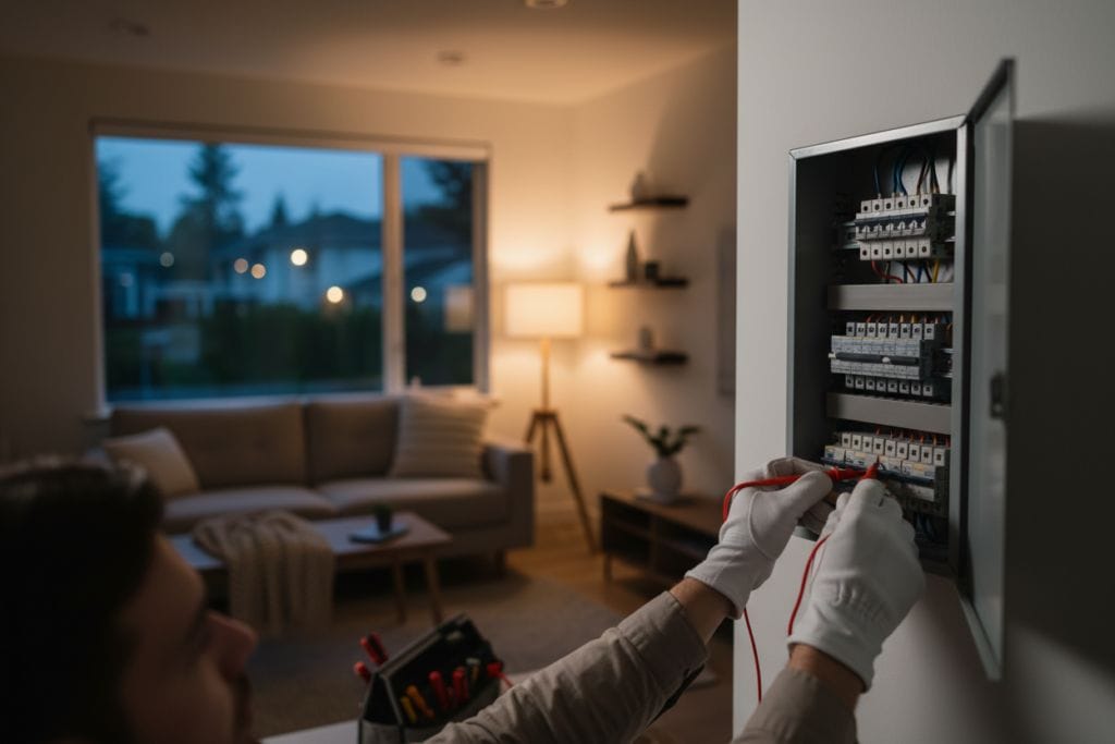 An Emergency Electrician Fraser Valley, wearing gloves, uses tools to work on an electrical panel in a living room with modern furniture and soft lighting.