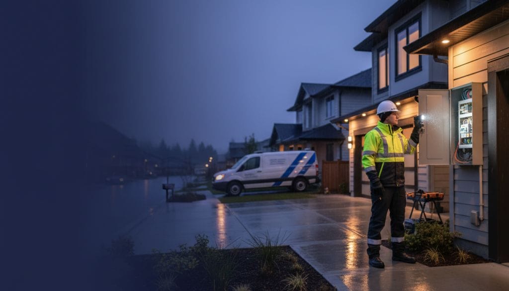 An Emergency Electrician Fraser Valley, in safety gear, inspects an outdoor electrical panel beside a house at dusk, with a utility van parked on a wet street in the background.