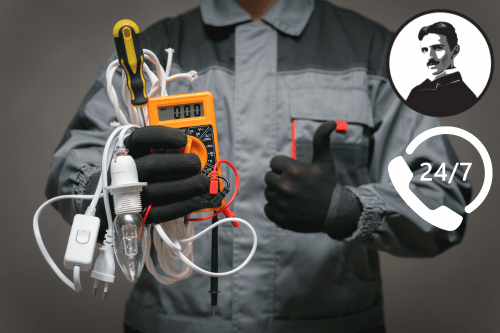 Person in work uniform holds electrical tools and gives a thumbs up; icons of Nikola Tesla, a phone, "24/7," and electrical panel upgrades are shown in the corner.