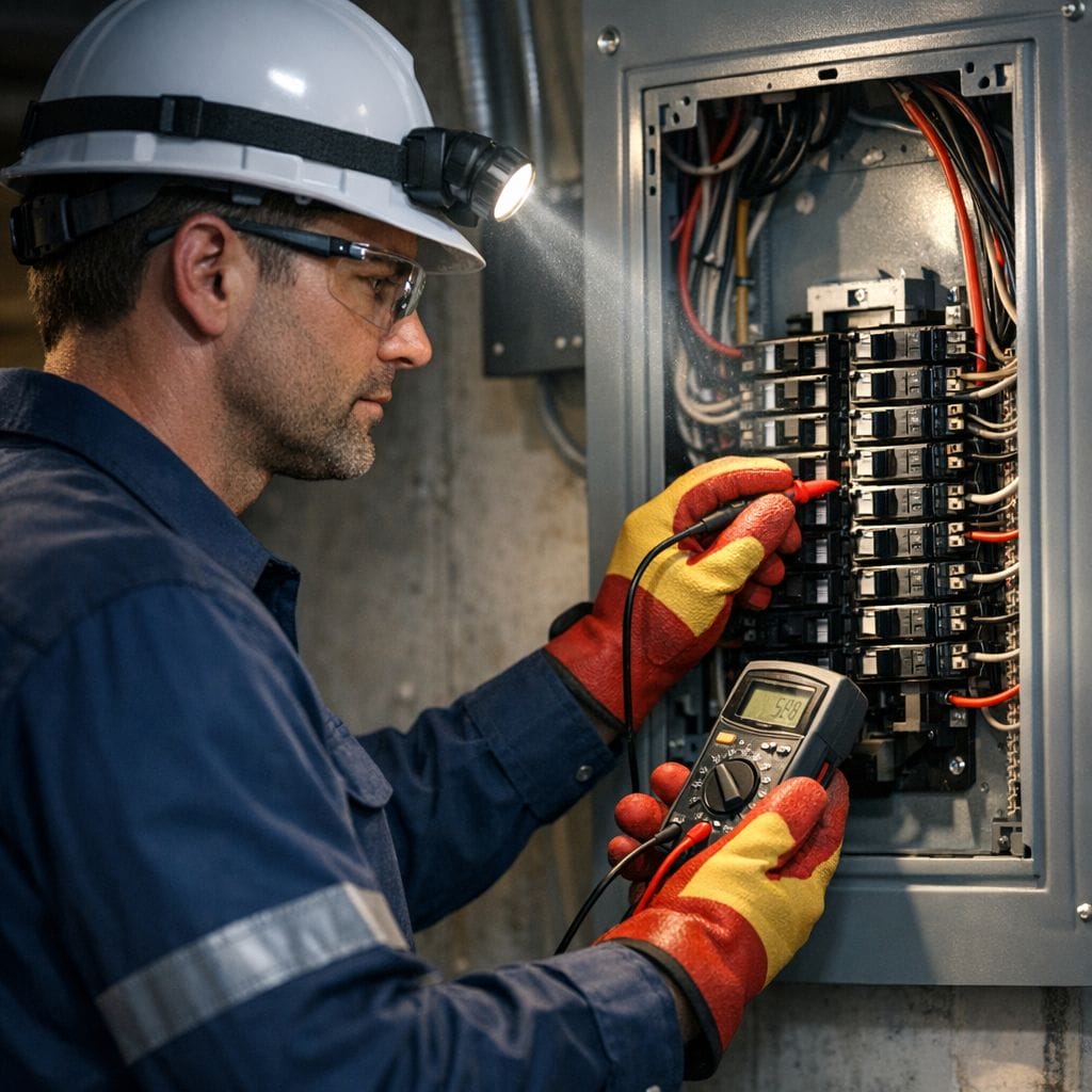 A 24-hour emergency electrician wearing safety gear uses a digital multimeter to check wiring inside an open electrical panel in an industrial setting.