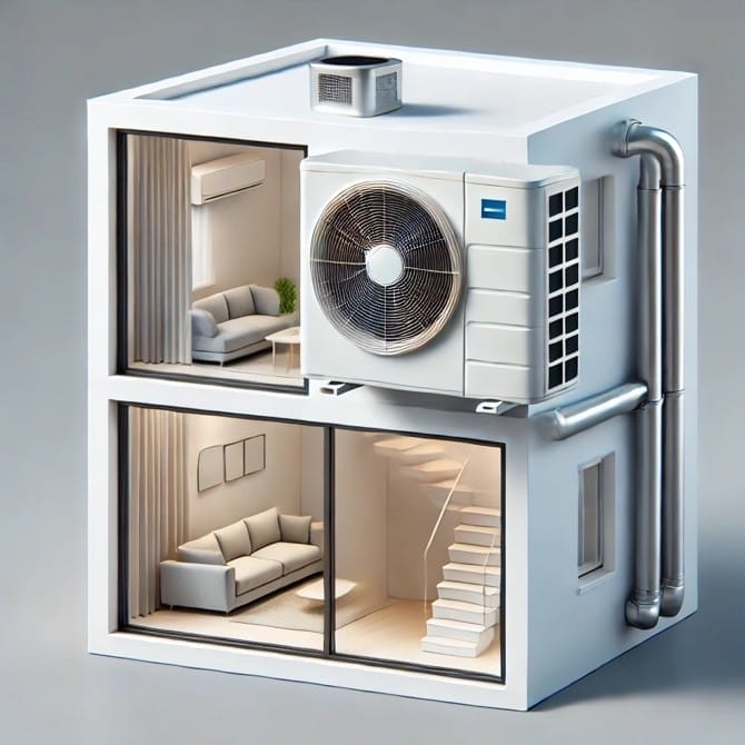 A model of a two-story house with visible HVAC unit and ductwork on the exterior, furnished interior rooms seen through large windows, ideal for illustrating knob and tube wiring FAQs.